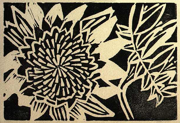 Two Sunflowers Linoleum cut print done in black ink on khaki paper of two sunflowers. woodcut stock illustrations