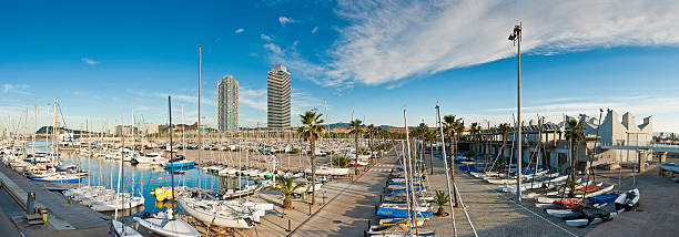 Numerous sailboats and yachts are moored in a bustling marina, reflecting on calm blue water under a clear summer sky, creating a scene of leisure, travel, and tranquility