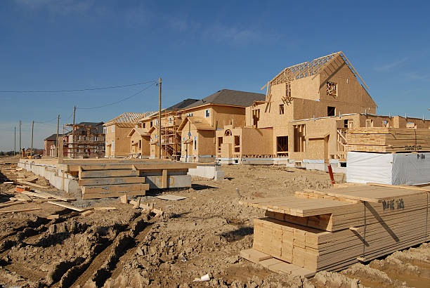A wooden house under construction stock photo