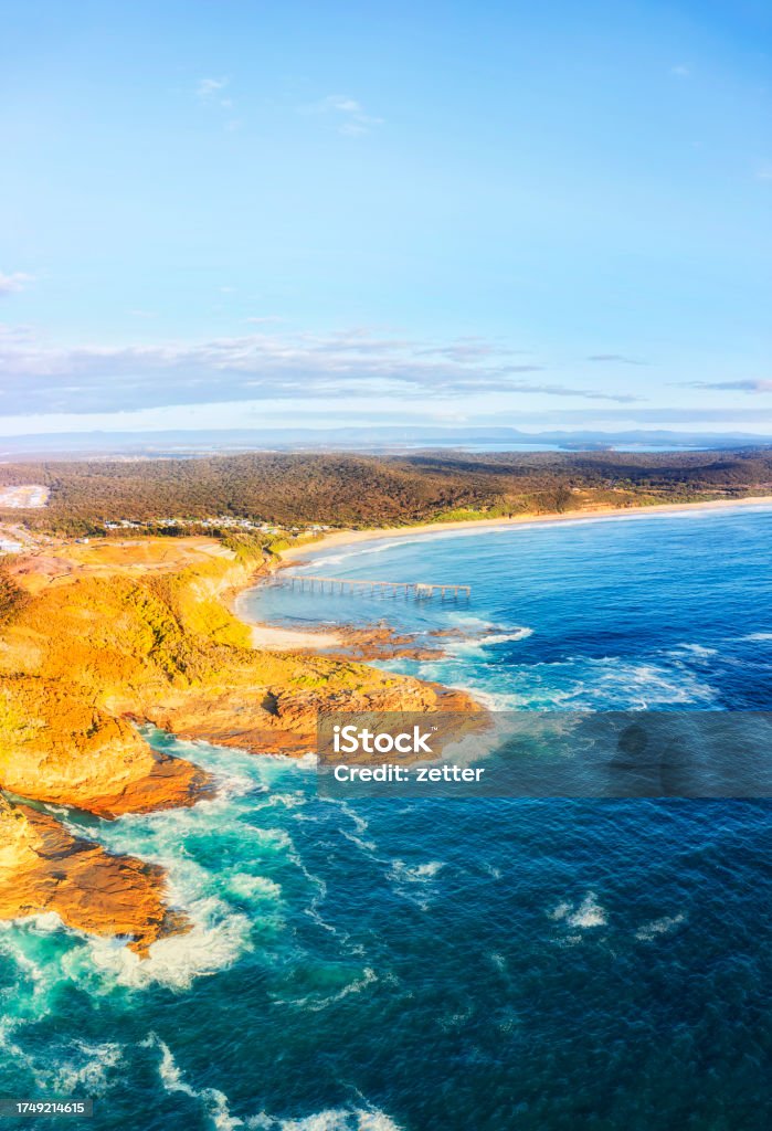 D CHB Bay side vert pan Vertical scenic aerial panorama of Middle Camb beach on Pacific coast of AUstralia to Lake Macquarie. Australia Stock Photo