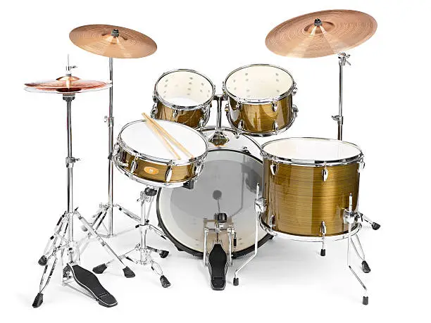 Standard drum kit with base,, snare,, 3 toms,, hi-hat and 2 crash cymbals
