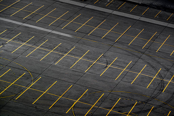 Overhead view of empty parking spaces for cars