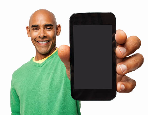 istock Man holding smart phone on white background 174922207