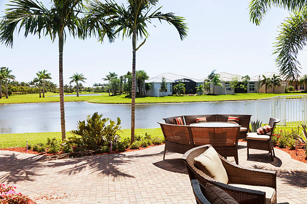 istock patio lake and palm trees 174922314
