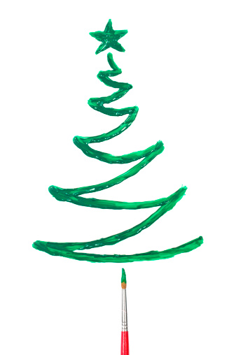 Paint with brushes green christmas tree isolated on white