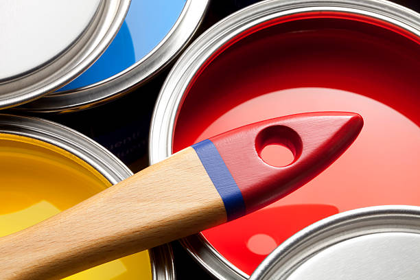 istock Primary colors paint cans with brush 174923368