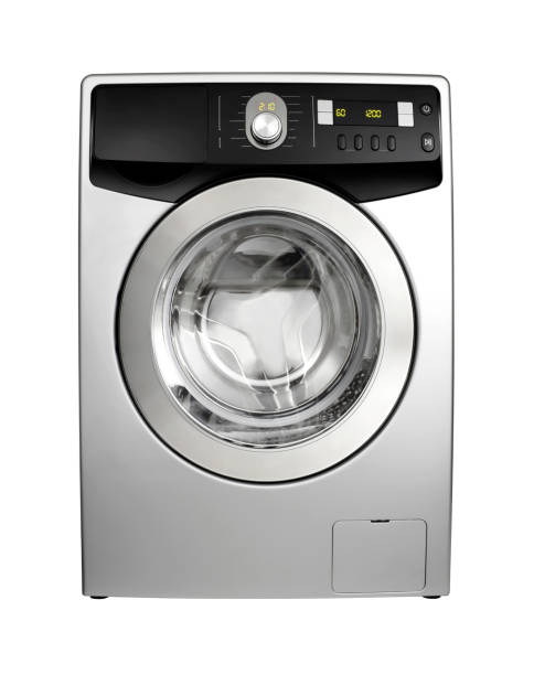 Clean new silver color washing machine on the white background (Clipping Path)