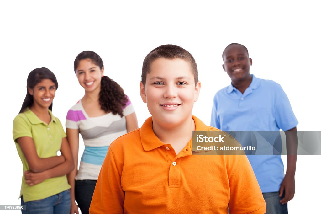 Blanca niño feliz con amigos - Foto de stock de 12-13 años libre de derechos