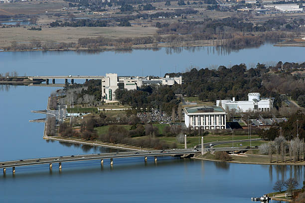 Flight over Canberra stock photo