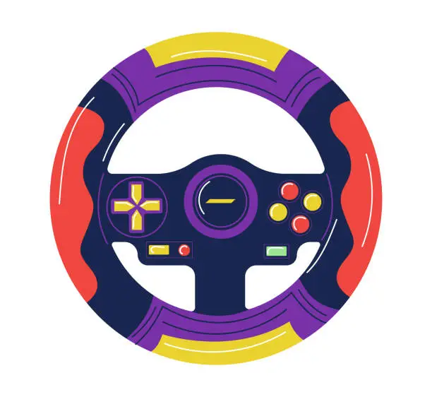 Vector illustration of Steering wheel joystick. Video game control device. Wireless gamepad with keypad buttons. Gaming technology. Virtual simulator joypad. Computer gadget. Vector drive race controller