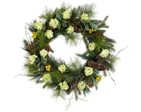 A beautiful winter wreath decorated with pine boughs, berries, pine cones and white hydrangeas. Isolated on a bright white background.