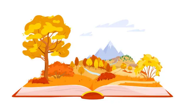 Vector illustration of Autumn fairy tale in magic book, open storybook with fantasy calm forest, mountains