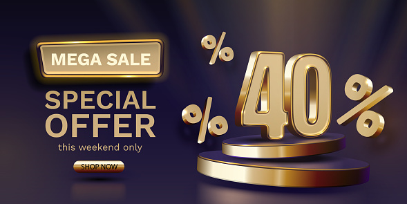 Mega sale, 40 special offer banner. Golden sign board promotion. Vector