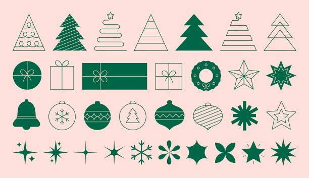 Set of minimalistic geometric Christmas elements in flat and linear style. Abstract Xmas decoration. Set of minimalistic geometric Christmas elements in flat and linear style. Abstract Xmas decoration. Vector illustration. christmas tree stock illustrations