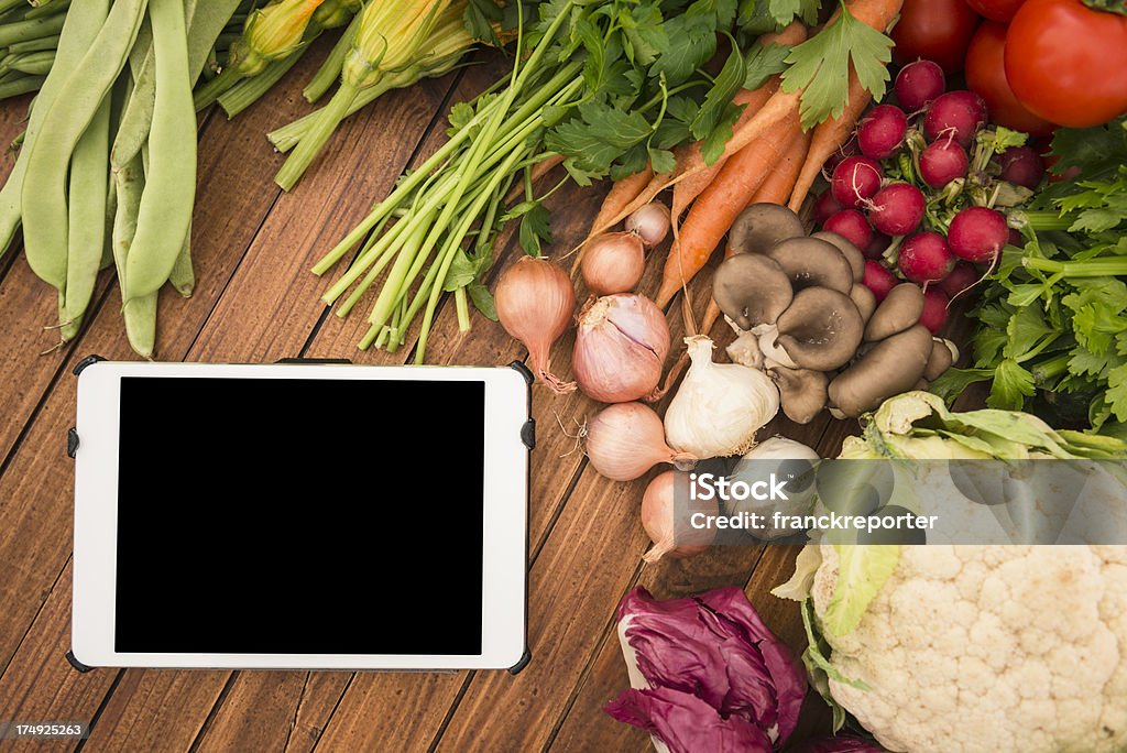 Bio-Speisen-mix mit digitalen tablet - Lizenzfrei Ansicht aus erhöhter Perspektive Stock-Foto