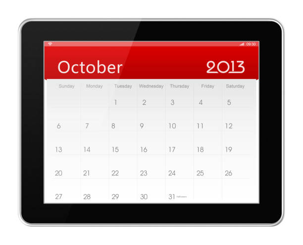 octobre 2013 calendrier sur tablette numérique - calendar 2013 digital tablet note pad photos et images de collection