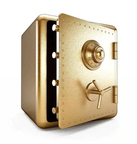 Half open gold safe isolated on white. Clipping path included. (Please note that clipping path will be available in the largest file size purchase.)Similar images: