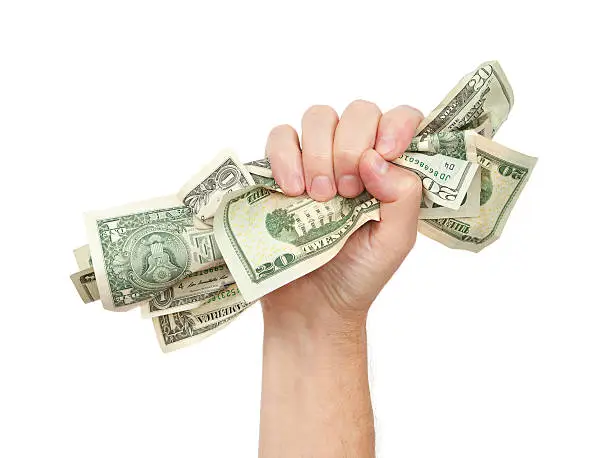 "Man grabs the money! Hand full of cash, isolated on white.Please also see:"