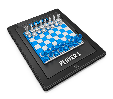 Items for playing chess, poker and domino on blue background studio shot close up