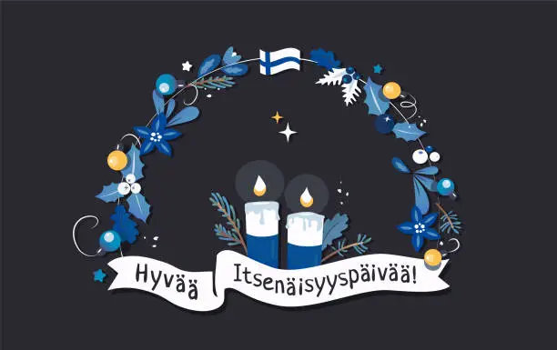 Vector illustration of Hyvää Itsenäisyyspäivää - text in Suomi language means Happy Independence Day in Finland.