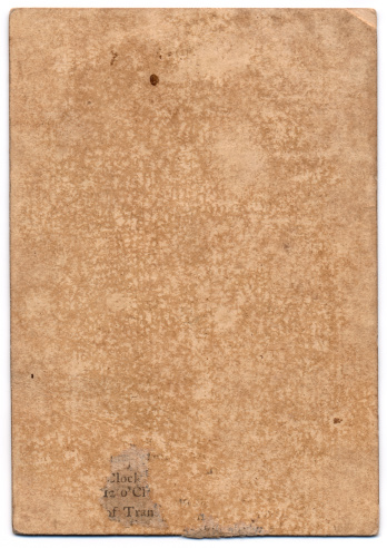 This is a quite rare survivor, an antique playing card from the 18th century (about 1780). At this time, there were no designs on the reverse / back of the card. The court cards were not reversible, and there were no indices in the corners. The square corners are characteristic of this time. The card is 64mm x 93mm, and the manufacturer is unknown. It provides a good grunge background of genuine age. There is evidence at the bottom of an incident with a page of newsprint or similar – a typographer would no doubt be able to date the font.