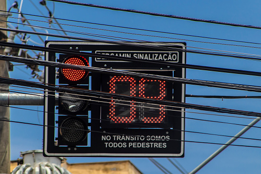 Marilia, Sao Paulo, Brazil, October 18, 2023: Numeric vehicle traffic light with countdown on a street in the central region of Marilia, SP