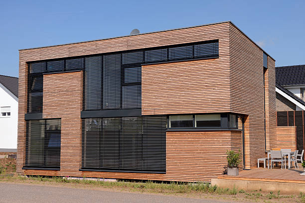 istock Brand new cubistic house with timber lags 174927859