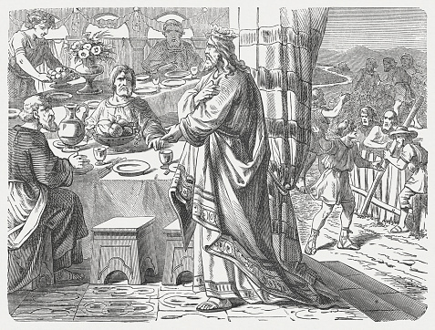 The Parable of the Great Banquet (Luke, Chapter 14). Woodcut engraving after a drawing by Julius Schnorr von Carolsfeld (German painter, 1794 - 1872), published in 1877.
