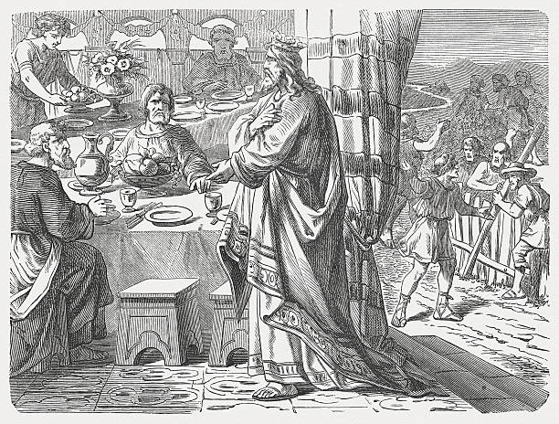 Parable of the Great Banquet (Luke 14, 15-24), published 1877 The Parable of the Great Banquet (Luke, Chapter 14). Woodcut engraving after a drawing by Julius Schnorr von Carolsfeld (German painter, 1794 - 1872), published in 1877. allegory painting stock illustrations