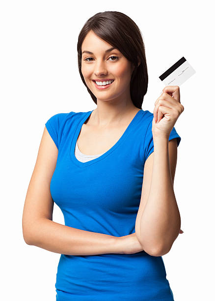 istock Woman Holding Credit Card - Isolated 174929573