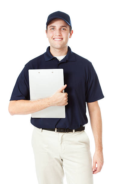 istock Greeting Service Man in Uniform Holding Clipboard on White Background 174930212