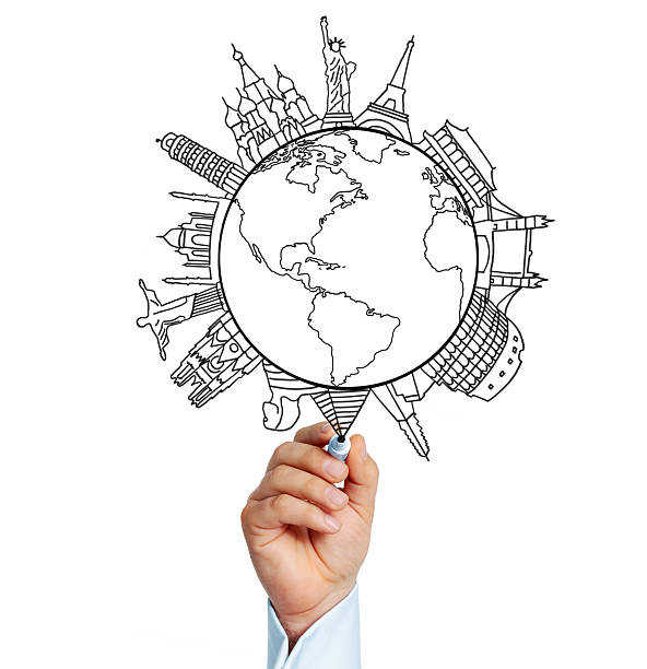 istock Businessman drawing important city landmarks on globe 174930813