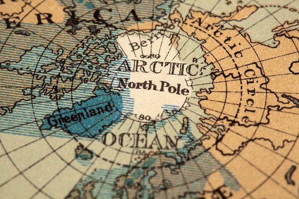 North pole map antique map of the north pole region. original map dated 1887. shaded blue areas represent former glacier region north pole map stock pictures, royalty-free photos & images