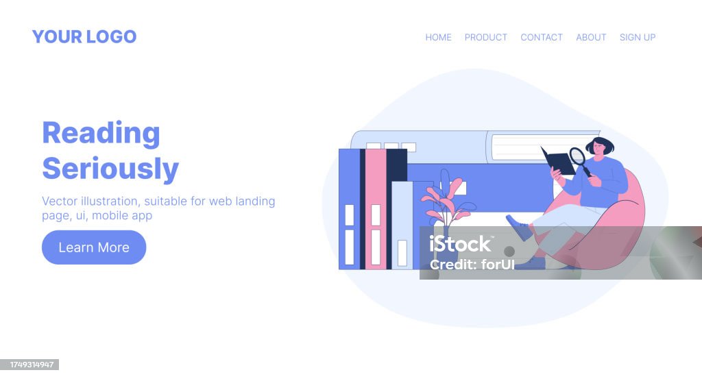 Reading Seriously Reading Seriously Web Landing Page Design Flat Cartoon Vector ...