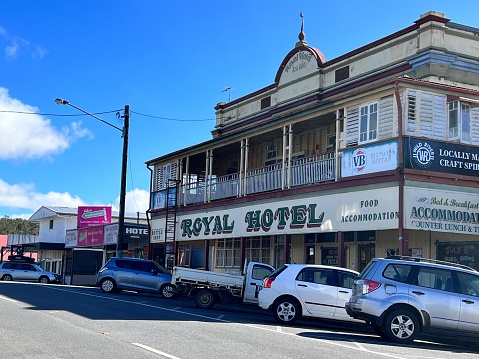 Herberton, Qld - July 06 2023:The Royal hotel on Herberton main street. Herberton was the first European exploration gold town in the Tablelands Region, Queensland, Australia