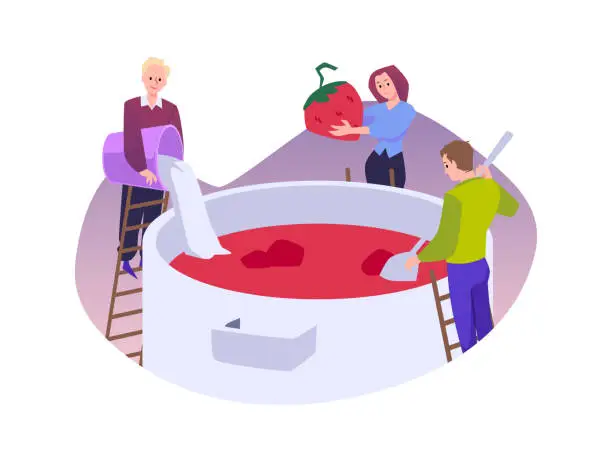 Vector illustration of People on ladder preparing tasty strawberry jam in huge pan, vector illustration handmade fruit jam dessert cooking