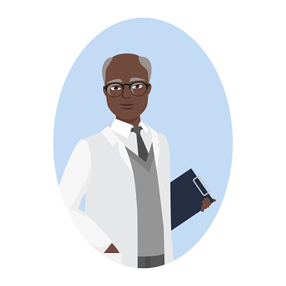 Doctor man with glasses portrait. Hospital clinical worker in white coat cartoon vector illustration
