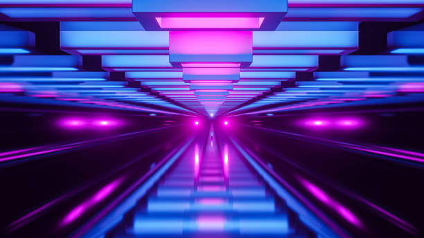 istock Cyber Tunnel With Flying Neon Spheres, 3D Render. 1749322205