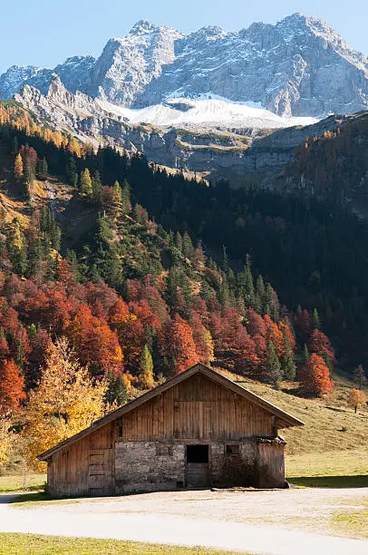 Wooden Barn in Front of Mountain Range, Engalm, Austria