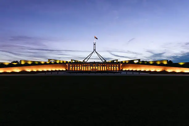 Australian Parliament House in the evening.