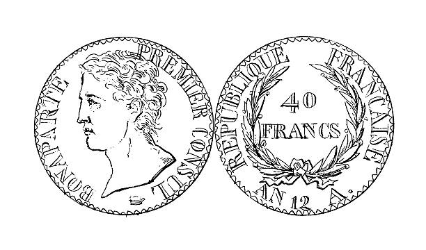 Old Forty French Franc Napoleon coin | Historic Illustrations "Antique illustration of a 19th-century forty franc Napoleon coin. Published in Systematische Bilder-Gallerie, Karlsruhe und Freiburg (1839)." forty franc french coin stock illustrations