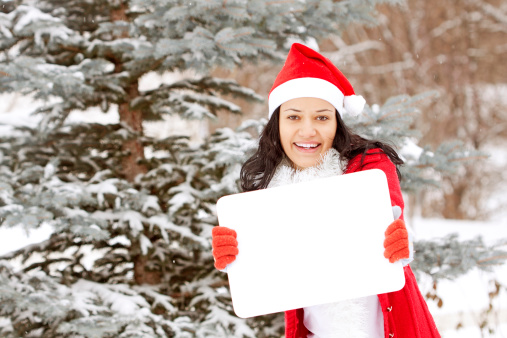 smiling woman with Santa hat holding blank billboard and looking at camera