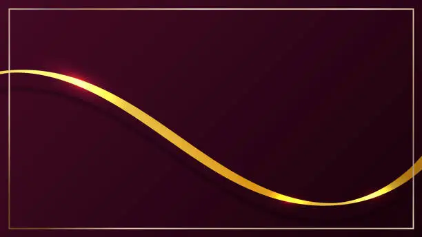 Vector illustration of Abstract 3D luxury gold waveform ribbon lines elements with glowing light effect on red background.