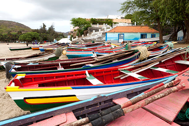 Boats in Tarrafal Beach stock photo