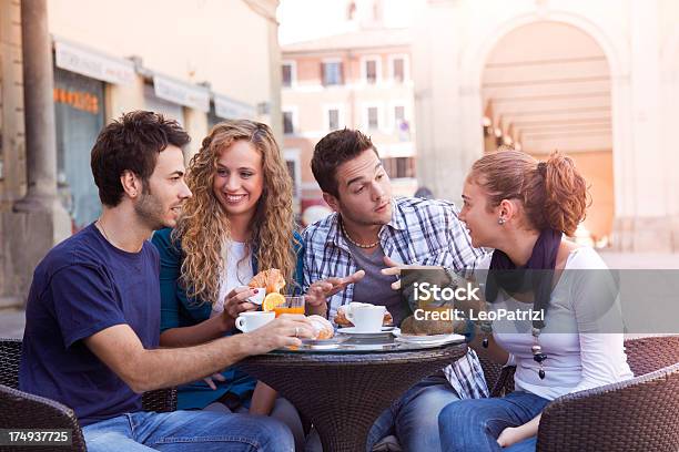 Happy Friends Having Breakfast Outdoor Stock Photo - Download Image Now - 20-24 Years, 20-29 Years, Adult