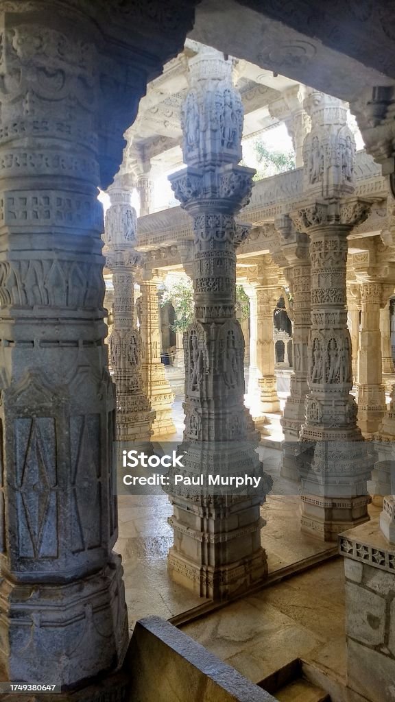 The Jain Temple The 15th century Ranakpur temple is one of the largest and most important temples of Jain culture. Architecture Stock Photo