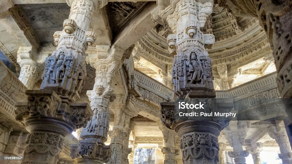 The Jain Temple The 15th century Ranakpur temple is one of the largest and most important temples of Jain culture. Architecture Stock Photo