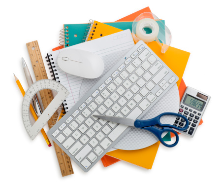 This is an overhead photo of office and school supplies stacked into a heap. The background is a pure white. There is a clipping path included with this file.Click on the links below to view lightboxes.