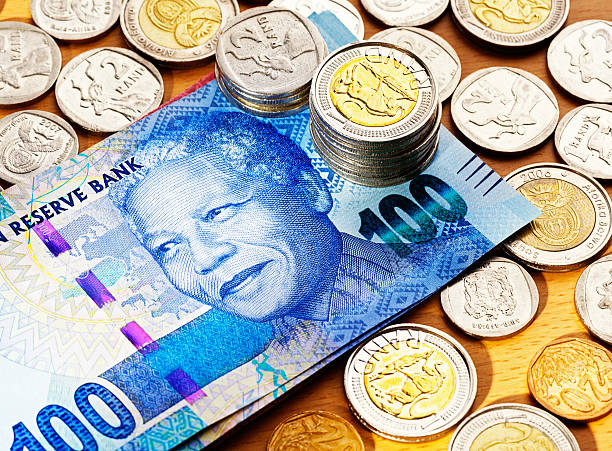 南アフリカのランド紙幣 100 、硬貨 - nelson mandela wildebeest blue new ストックフォトと画像