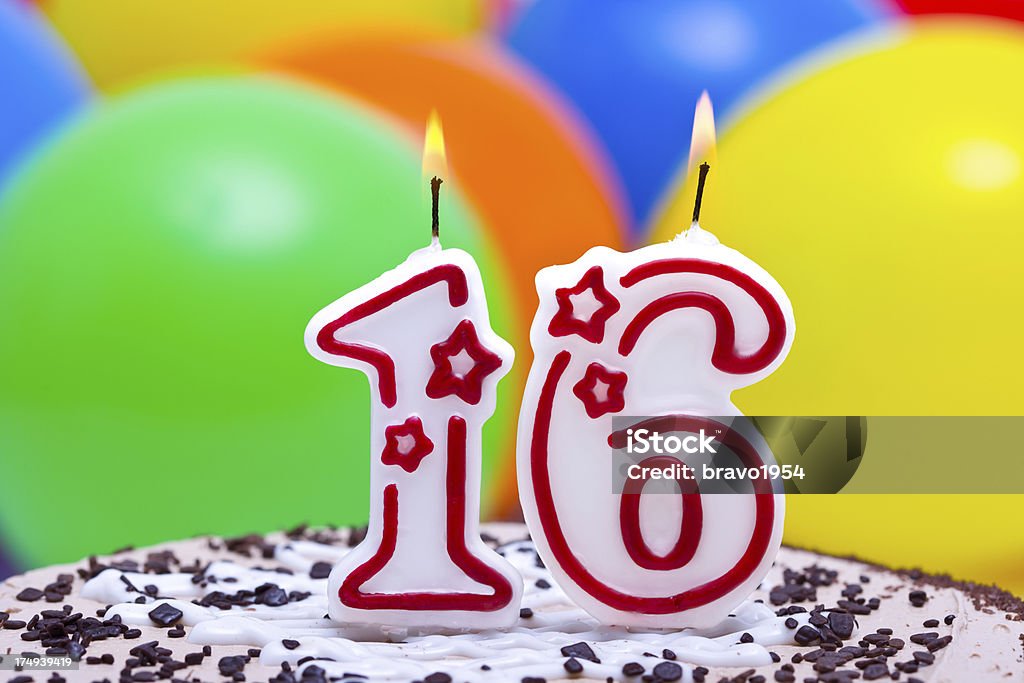 Cake for 16st birthday "Birthday cake with lighted candles Number 16If you need a similar picture with a different number, please click on my lightbox" 16-17 Years Stock Photo